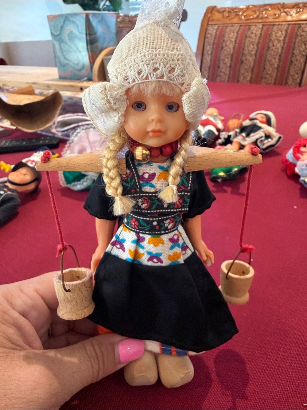 Handcrafted Folk Doll in Black Dress with Cream Bonnet